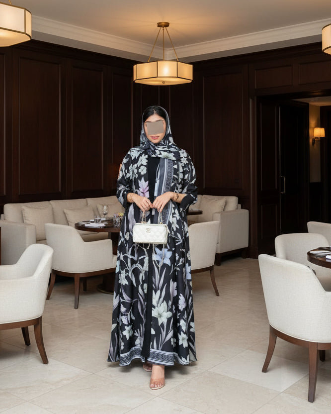 Black Floral Abaya and Hijab Set Style 03 for Everyday Wear, product view 3 1